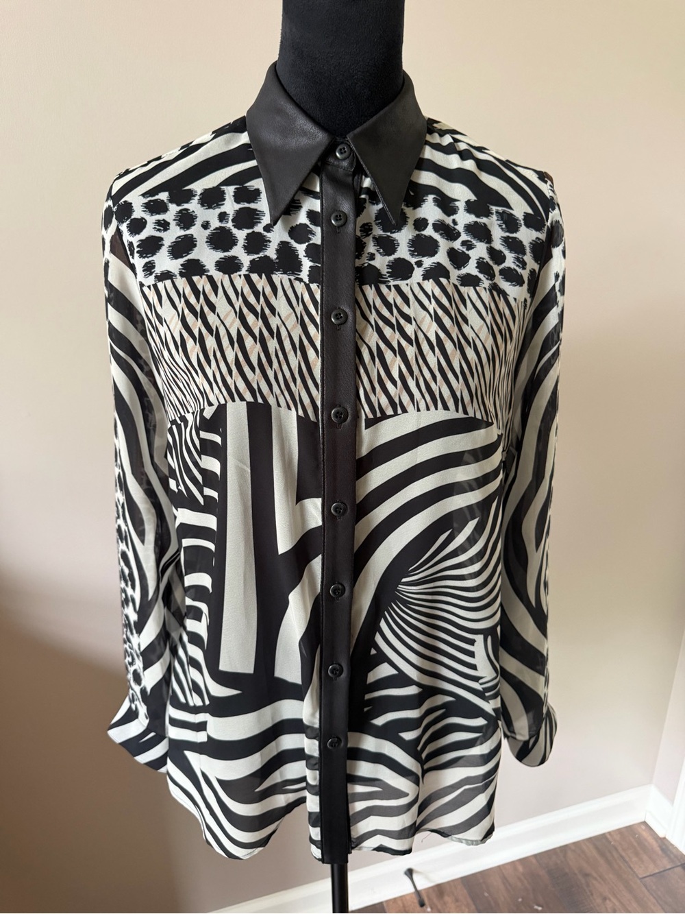 ANGEL Black & White Mixed Print Button-Up Sheer Blouse Medium Faux Leather Trim